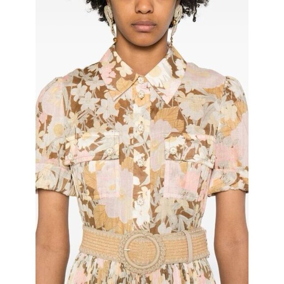Zimmermann Pop Pleated Belted Midi Shirt Dress SS24 - Gold/Peach Floral $950 - Picture 8 of 9